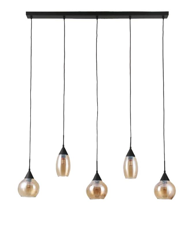 Hanglamp zwart amber glas 5-lichts - Lungo